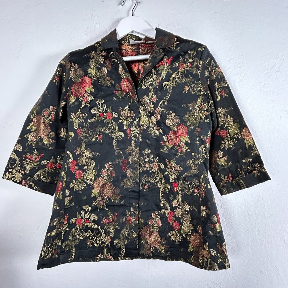 Chicos Design Womens Embroidered Floral Blazer Jacket Size 1 Black Gold Red